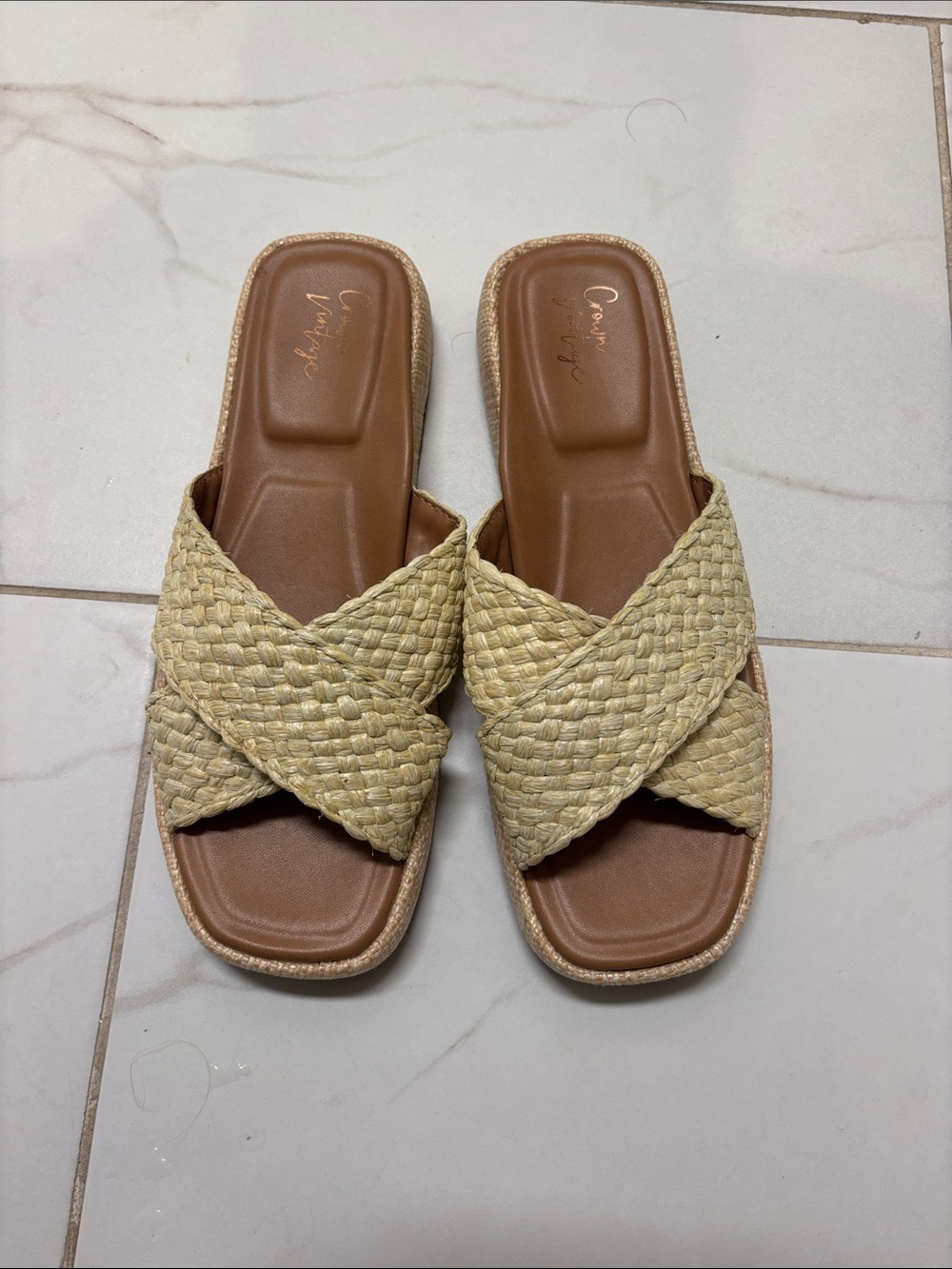 Crown Vintage Woven Crossband Slide Sandals - Beige